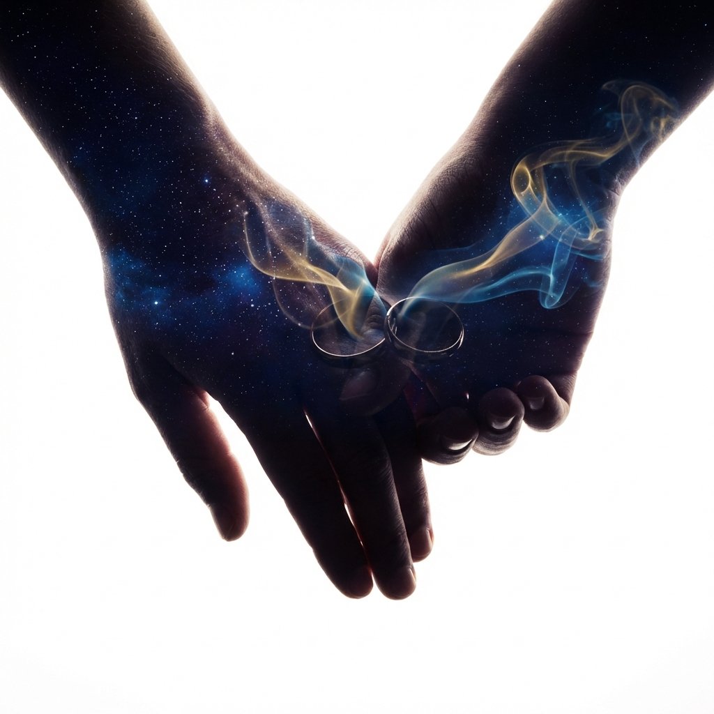 Manos unidas con anillos bajo luz divina - Amarres Matrimoniales eternos